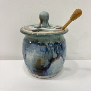 Stoneware glazed Honey Pot with Hand Turned Wooden Honey Stick Server Gorgeous